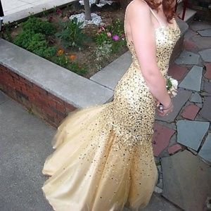 Tony Bowls Gold Sequin Mermaid Gown / Prom Dress
